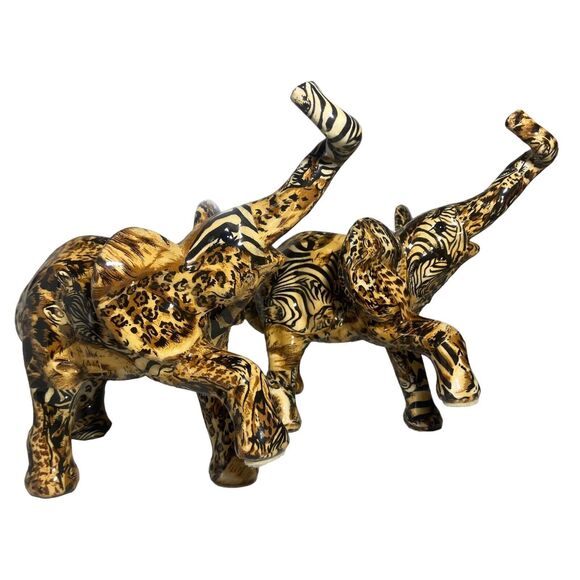 Lot of 2 La Vie Trunk Up Elephant Figurine Safari Animal Print Patchwork Ceramic - Picture 6 of 17